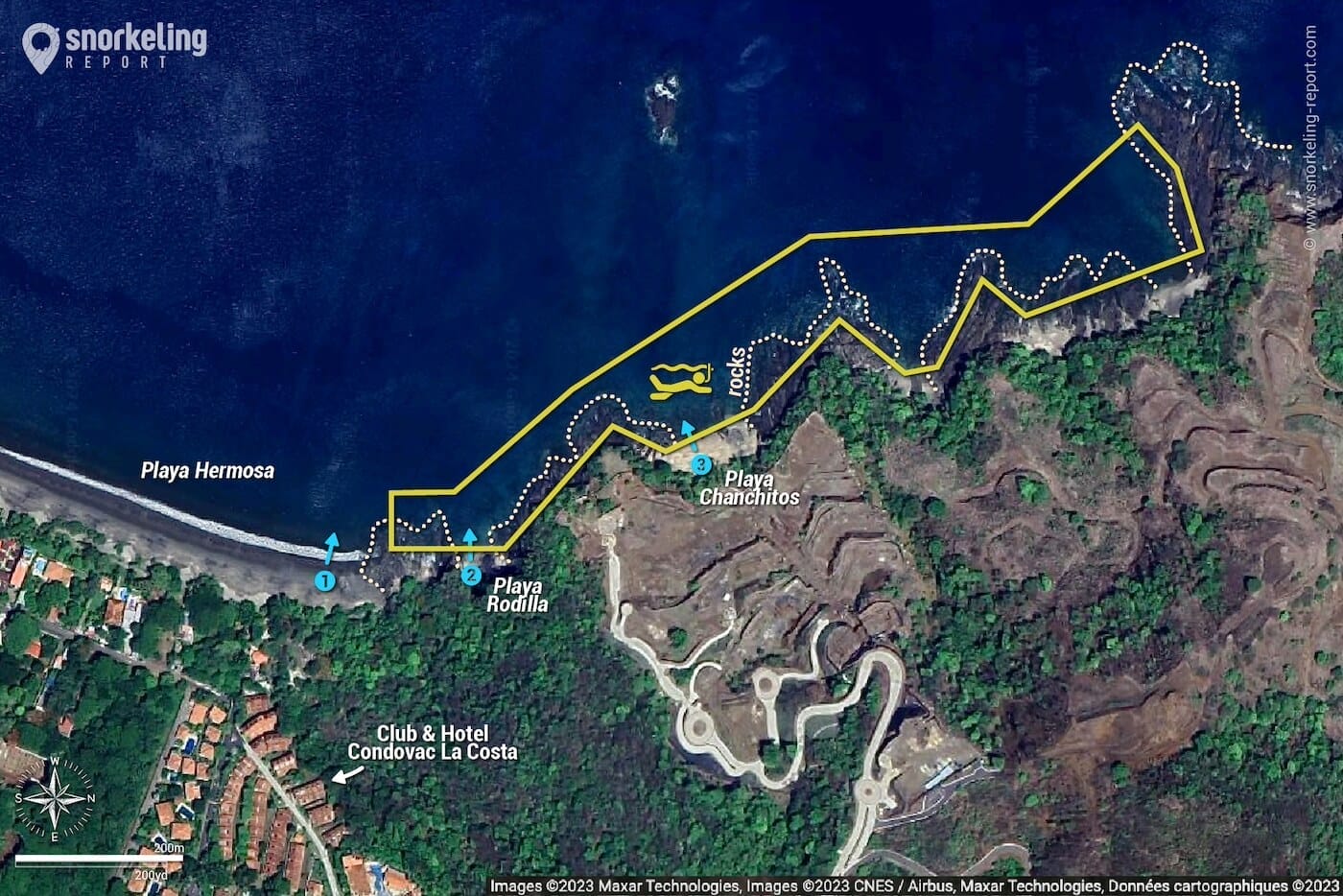 Playa Hermosa snorkeling map
