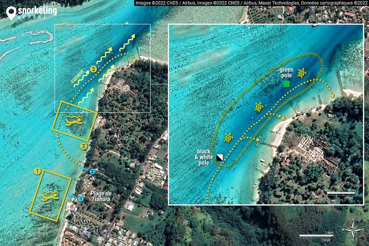 Tiahura Beach snorkeling map, Moorea