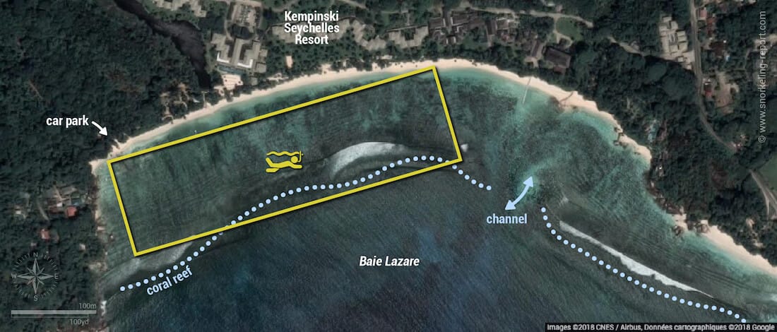 Baie Lazare snorkeling map, Mahe, Seychelles
