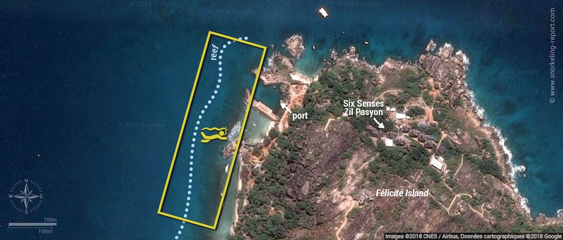 Félicité Island snorkeling map, Seychelles