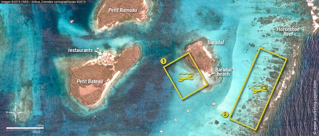 Carte snorkeling aux Tobago Cays