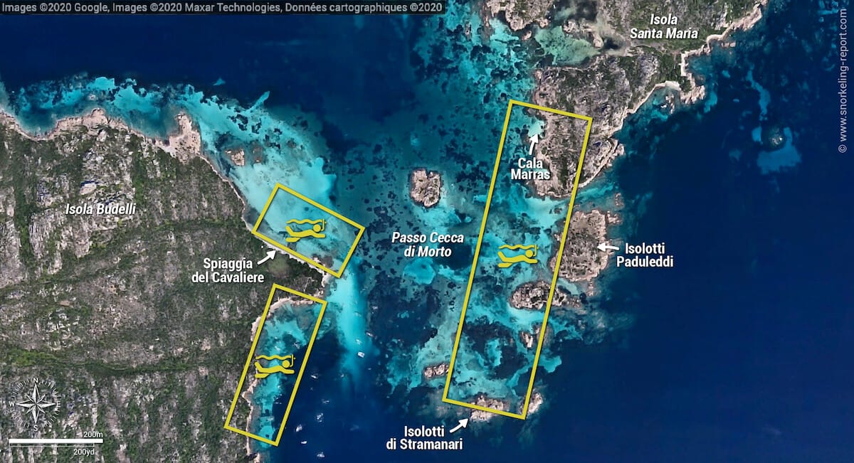 Carte snorkeling au Passo Cecca di Morto, Archipel de La Maddalena