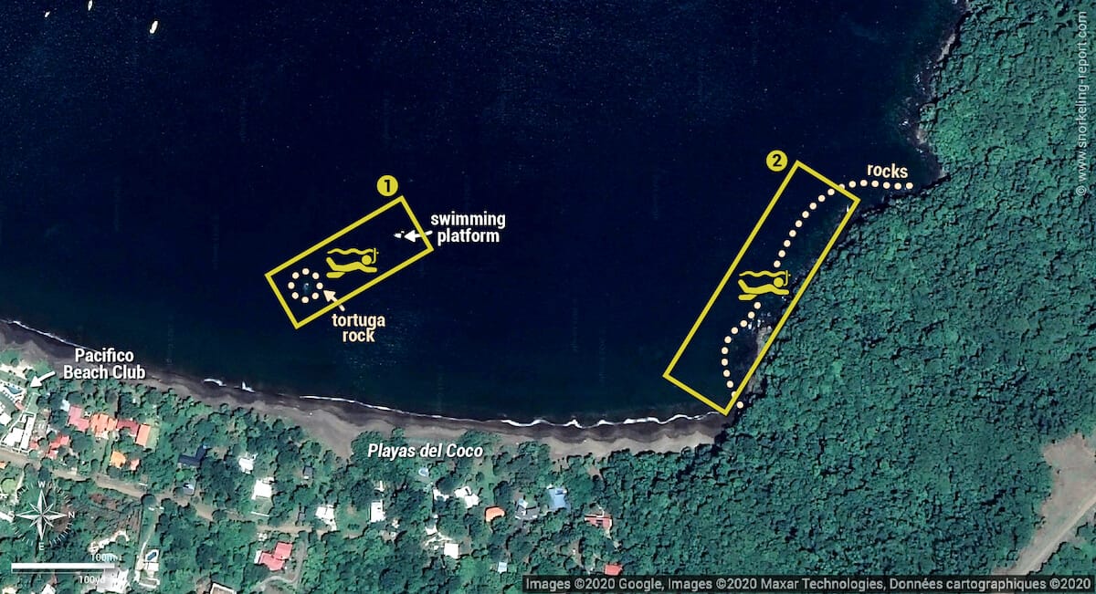 Playas del Coco snorkeling map, Costa Rica