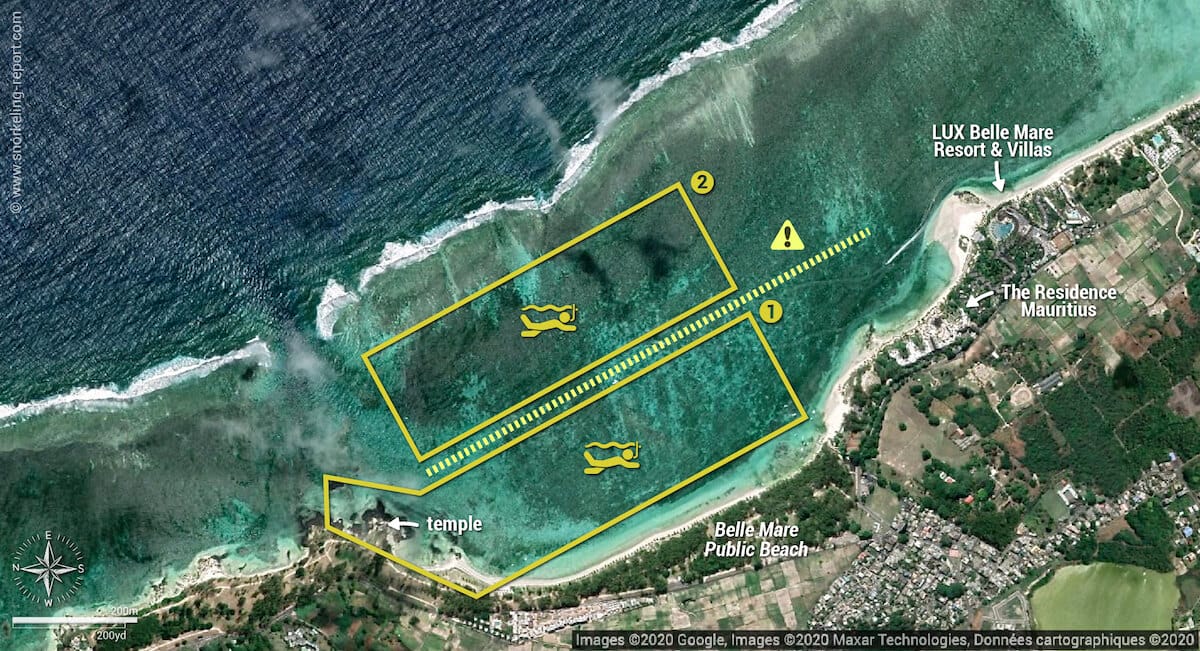 Belle Mare public beach snorkeling map