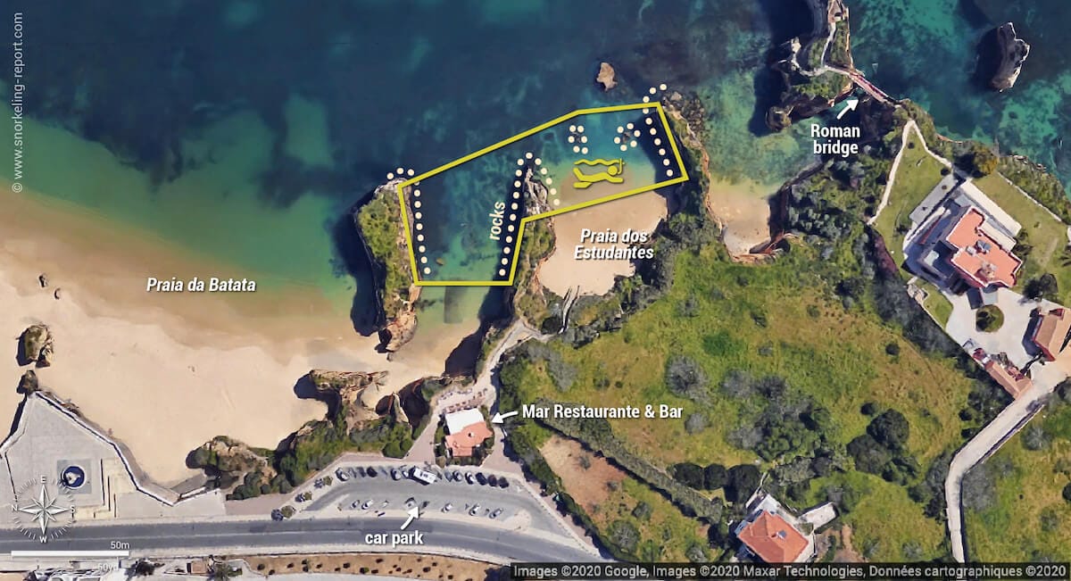 Praia dos Estudantes snorkeling map, Lagos
