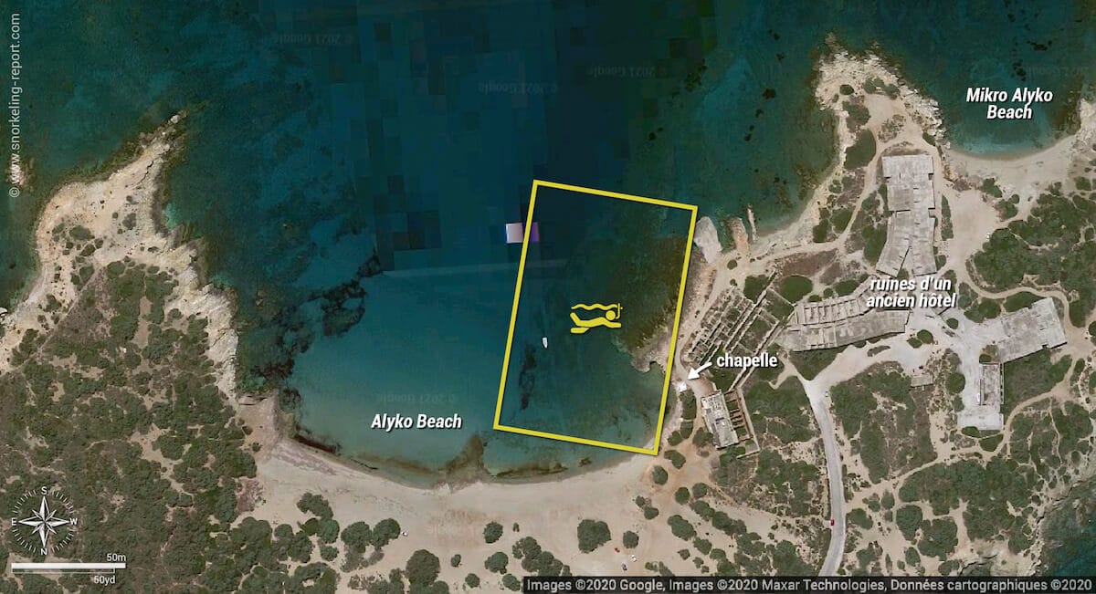 Alyko Beach snorkeling map, Naxos