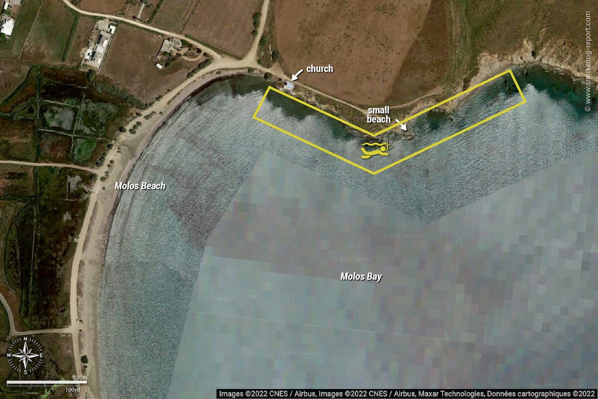 Molos Beach snorkeling map, Paros