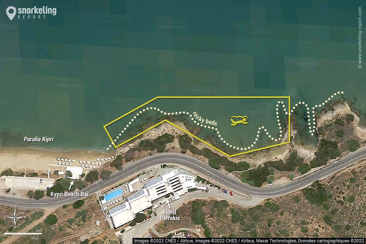 Kipri Beach snorkeling map, Andros